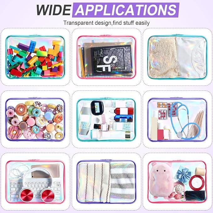 Sanwuta 6 Clear Hard Zipper Case,Holographic,12.6 X 9 X 2 Inch | Pencil Case Pouches ,Makeup Bag,Plastic Toiletry Diaper Bag ,Travel Toy Storage,Waterproof Organizer Bins - Image 7