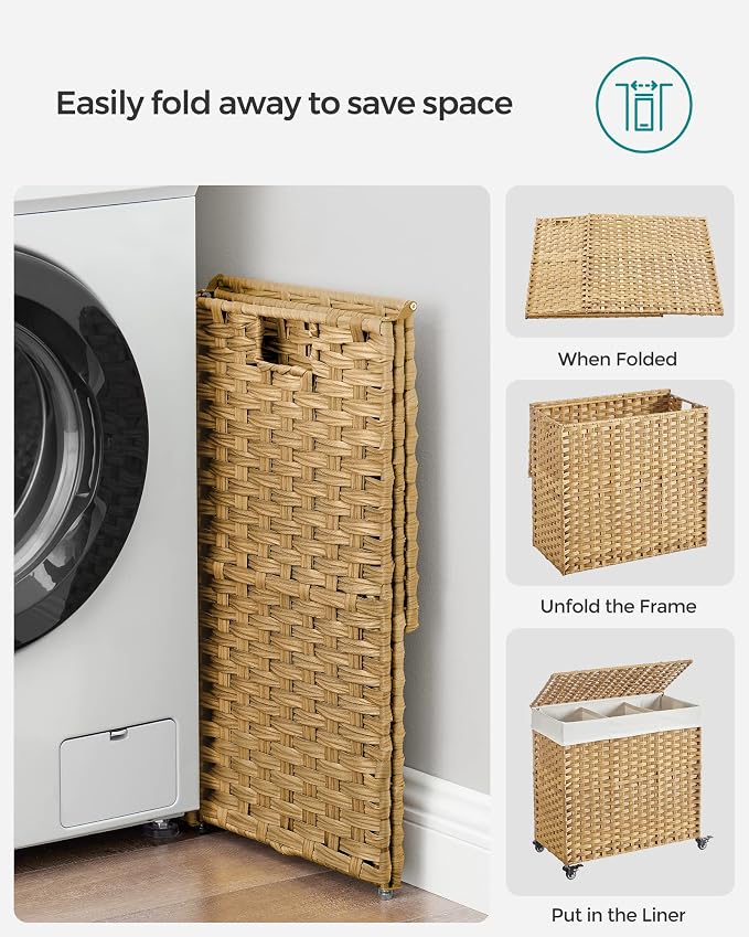 SONGMICS Rolling Laundry Hamper with Lid, 140 L 3-Section Synthetic Rattan | Laundry Basket with Wheels, Removable Liner, 26 x 13 x 26 Inches, Natural, ELIOTT Collection ULCB363N01 - Image 9
