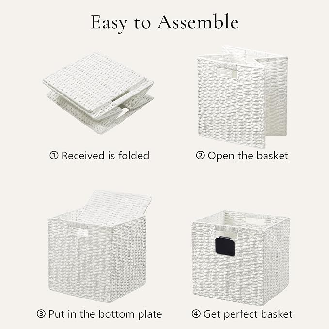 UBBCARE 2 Pack Wicker Basket, 10.5×10.5 Storage Cubes with Label, Foldable Cube Storage Bin with Handle, Square Storage Basket for Shelves, Woven Paper Rope Basket for Organizing, White - Image 7