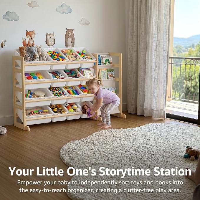 NUTIKAS Toy Storage Organizer with Bookshelf - Wooden 12 Bins Kids Toy Organizer Rack, Solid Pine Wood, Toys Box for Toddler, Playroom, Living Room, Bedroom, Nursery - Image 8