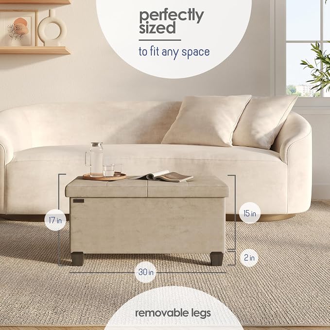 Storage Ottoman Bench with Bins, 30-in Storage Bench for Bedroom End of Bed, Folding Foot Rest Ottoman for Living Room Max 660lbs, Velvet Ottomans, Beige - Image 9