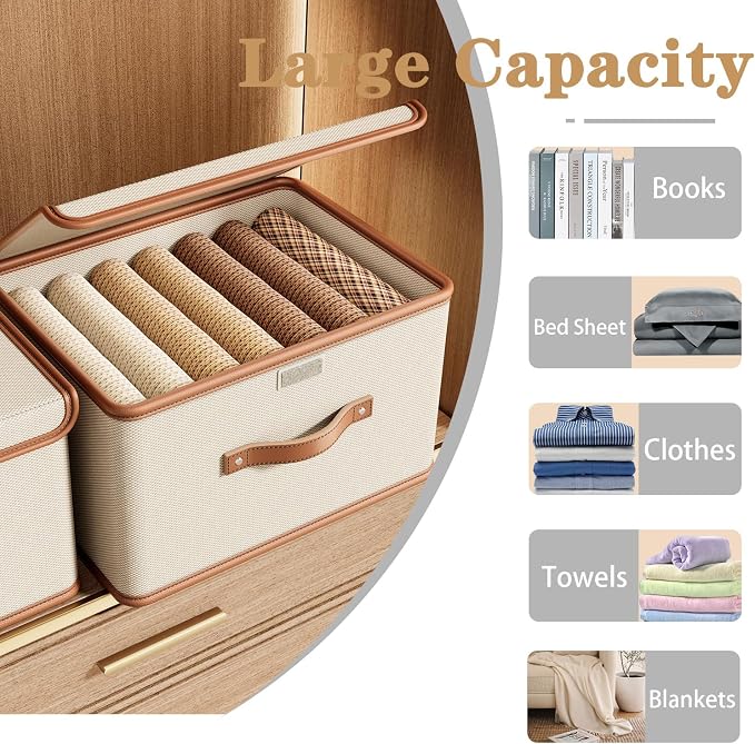 Tuza 4 Pack Storage Bins with Lids, Collapsible Closet Organizer Container, Fabric Organizer Box with Handles, Decorative Storage Boxes with Lids for Organizing Clothes, Books, File, White, Large - Image 7