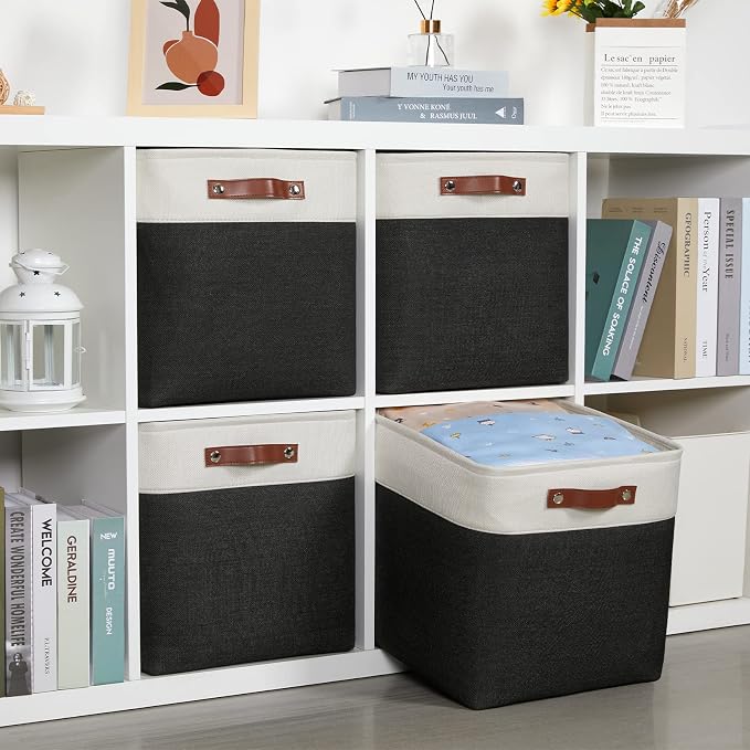 DULLEMELO Storage Baskets, 13 Inch Cube Storage Bins for Shelves Closet Storage, Foldable Linen Closet Organizers Storage Baskets for Closet Storage (4 Pack - 13" White&Black) - Image 7