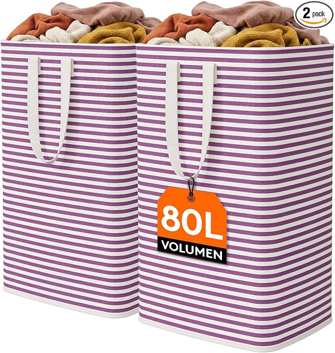 Lifewit 2 Pack Laundry Basket 80L Each, Collapsible Clothes Hamper with Reinforced Handles, Freestanding Waterproof Design for Bedroom and Laundry Room, Purple 160L Total by Lifewit
