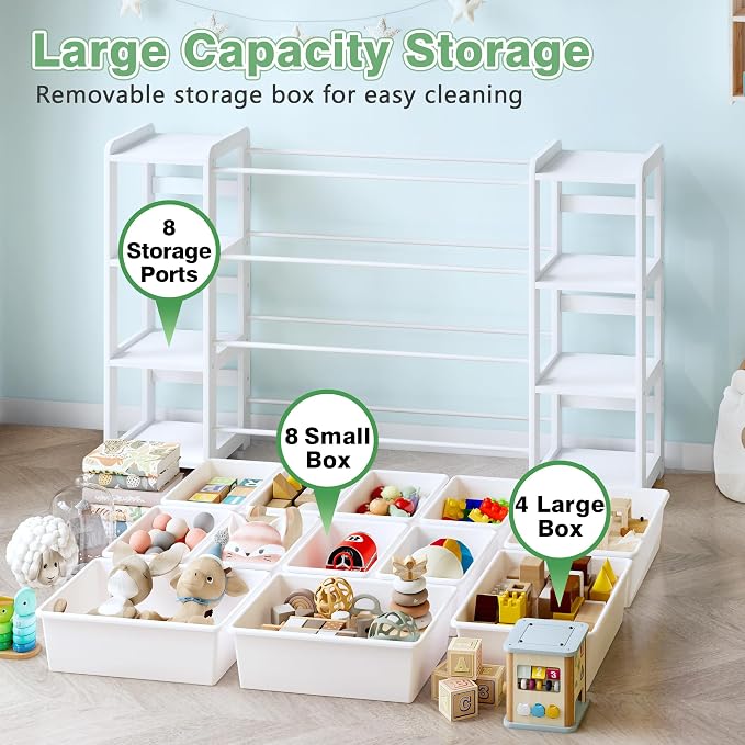 MallBest Extra Wide Toy Storage Organizer with Dual Bookshelves, Kids Wooden Shelf with 12 Removable Bins for Books, Toys, Playroom, Nursery, Bedroom, White, Large - Image 8