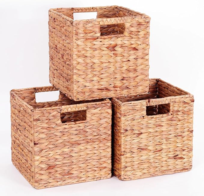 3Pcs Woven Shelf Baskets, 10.5'' Water Hyacinth Handmade Open Storage Bins, Light Brown Pantry Baskets Organization Basket Foldable Storage Bins for Bedroom, Cubby Cubes Wicker Basket with Handles - Image 7