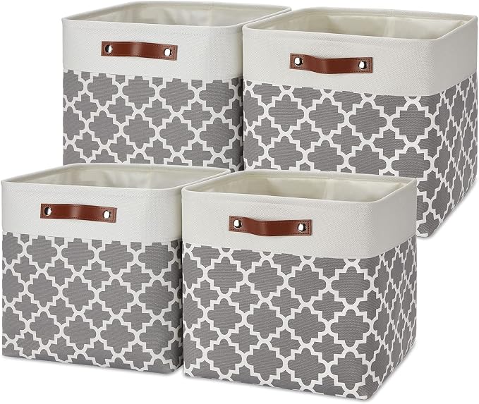 Temary 13ラ13ラ13 Foldable Storage Cube Baskets Fabric Cube Storage Basket for Organizing Cloth Storage Bins with Leather Handles for Gifts Empty, Closet (Grey Lattice) - Image 8