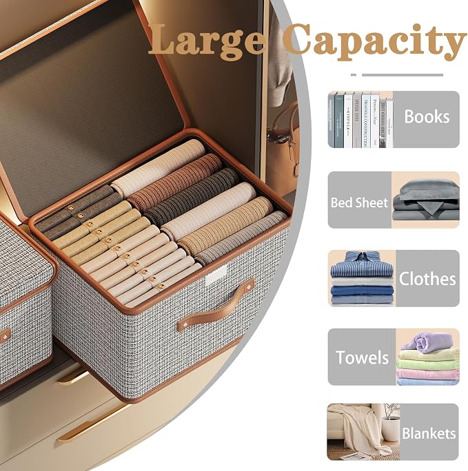 Tuza 2 Pack Storage Bins with Lids, Collapsible Closet Organizer Container, Fabric Organizer Box with Handles, Decorative Storage Boxes with Lids for Organizing Clothes, Sheet, Light Grey, Extra Large - Image 7
