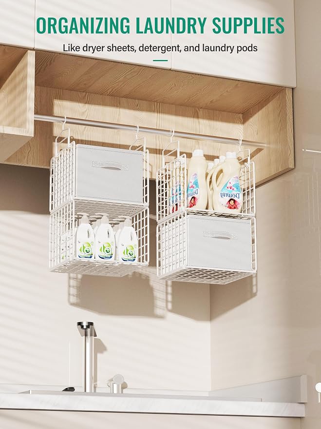 Hanging Closet Organizer with Drawers, 4 Tier Metal Closet Organizers and Storage with 4 Hanging Hooks 4 S-Hooks for Wardrobe Laundry Room, Wire Storage Shelf for Clothes Sweaters Pants (White) - Image 6
