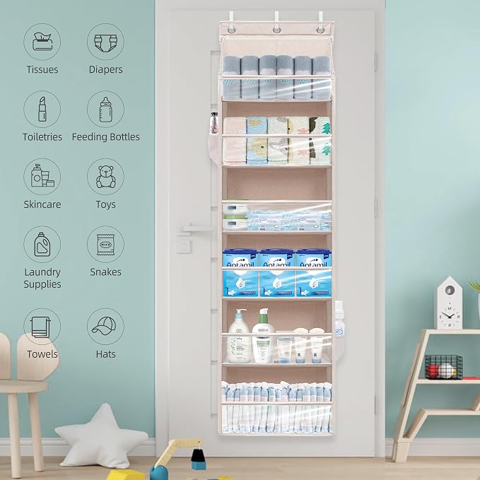Over Door Organizer with 6 Extra Large Pockets 12 Side Pockets, Sturdy Closet Storage Rack, Hanging Storage Organizer with Clear Window for Shoes, Diaper, Bedroom, Bathroom, Beige, 4-Pack - Image 7