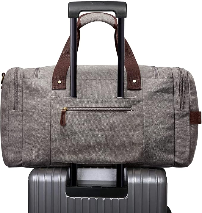 S-ZONE Canvas Duffel Bag for Travel Weekender Overnight Travel Bags for Men | Cotton Canvas, 45L Large Size, Shoes Compartment,Multi-Pocket, Removable Shoulder strap for Gym or Business, Light Gray - Image 7