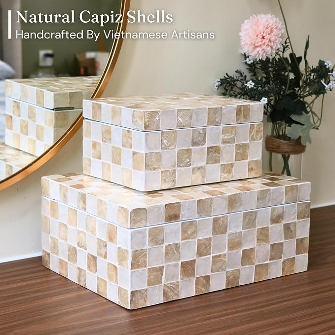12"x8" Capiz Shell Decorative Boxes with Lids, Ivory, Set 2 | Lidded Storage Keepsake Boxes For Photos, Letters & Jewelry, Decorative Beige Keepsake Trunk, Trinket Boxes For Home Decor - Image 8