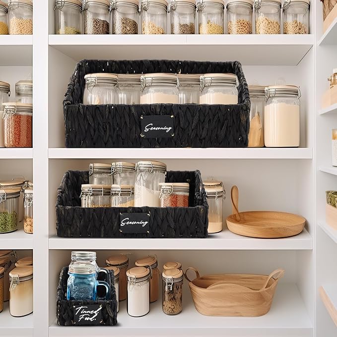 4 Pcs Water Hyacinth Storage Basket Set Boho Wicker Rattan Pantry Basket with Chalkboard Label Handles Woven Container Kitchen Laundry Large Small for Shelf Food Home Bathroom Decor(Black) - Image 6