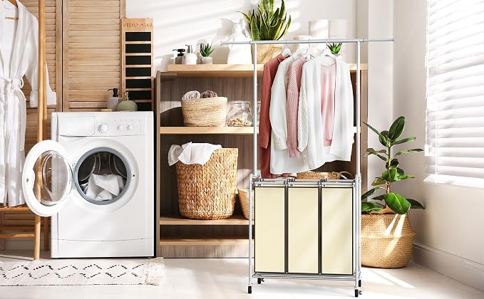 Deco Brothers Heavy Duty 3 Bags Laundry Sorter Cart with Hanging Bar, Beige | Extendable Hanging Rod - Image 8