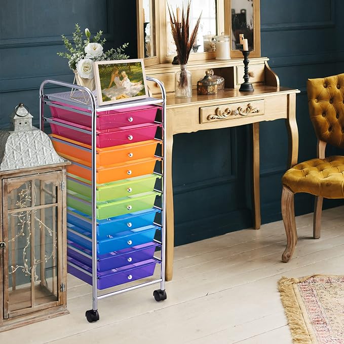 GOFLAME 10-Drawer Rolling Storage Drawer Cart, Utility Cart with Removable Drawers & Metal Frame, Mobile Art Craft Drawer Cart with Lockable Wheels for Home, Office, Studio, School, Rainbow - Image 9