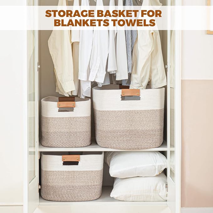 108L Large Blanket Basket for Living Room, Woven Storage Basket with Leather Handles, Cotton Rope Storage Organization in Nursery for Toys & Clothes 25 ''* 16 ''*16 '', Gradient Brown - Image 9