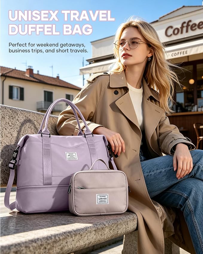 Travel Duffel Weekender Bag Women Tote Carry On Bags With Shoe Compartment | 18x14x8 inches Travel Overnight Bags with Trolley Sleeve for Airplanes Waterproof Sport Tote Gym with Toiletry Bag Purple.. - Image 9