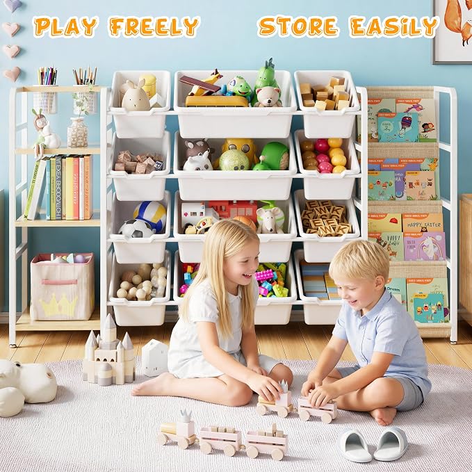 Toy Storage Organizer with 4-Tier Bookshelf, 57" Extra Wide Kids Toy Storage Shelf with 12 Bins, Large Metal Kids Bookcase for Playroom Organization and Nursery Room Decor, White - Image 6