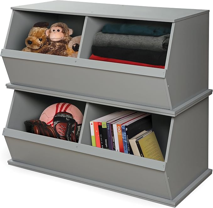 Badger Basket Two Bin Stackable Toy Storage Cubby Organizer – Modular Storage for Toys, Books, and Crafts – Solid Wood Panel – Gray - Image 10