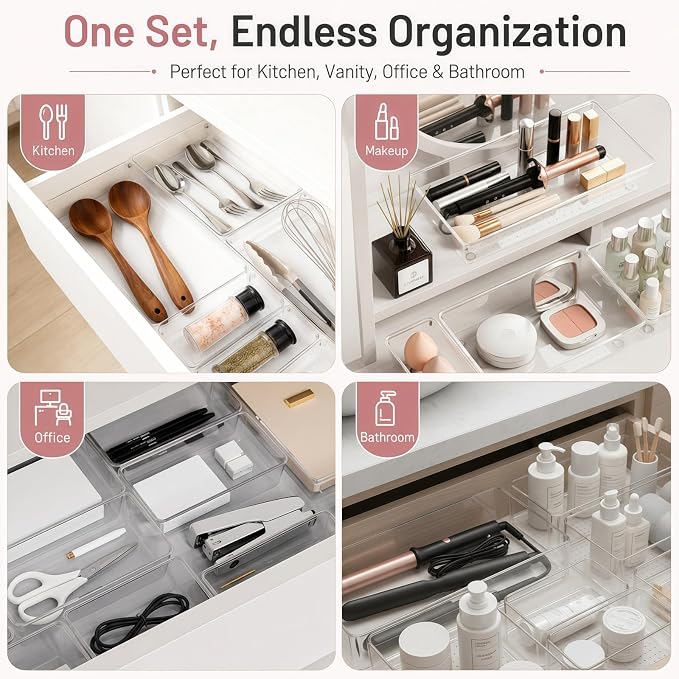 Drawer Organizer, 10 Pack Large Clear Plastic Organizer Bins 5 Sizes, Versatile Bathroom Drawer Trays, Heavy Duty Non‑Slip Drawer Dividers for Makeup, Office & Kitchen Utensils - Image 8