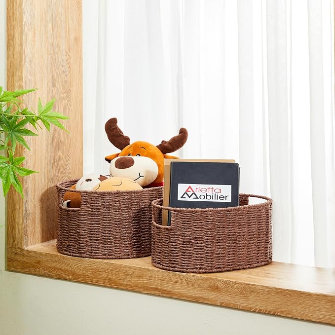 Wicker Storage Basket, Set of 3 Hand-woven Storage Baskets for Organizing, Round Large Wicker Baskets for Storage Decor, Pantry Storage Cubes Organization Baskets for Shelves, Brown - Image 7