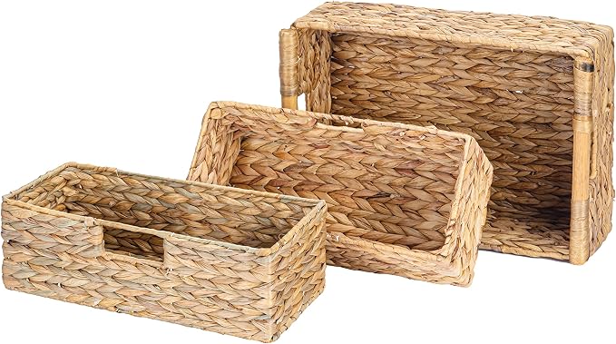 VATIMA Large Water Hyacinth Storage Baskets for Organizing with Wooden Handles for Shelves, 2 Bathroom Small Basket, Water Hyacinth Toilet Paper Baskets, Set of Natural Wicker Storage Basket for Home - Image 8