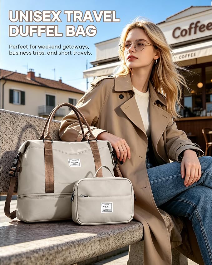 Travel Duffel Weekender Bag Women Tote Carry On Bags With Shoe Compartment | 18x14x8 inches Travel Overnight Bags with Trolley Sleeve for Airplanes Waterproof Sport Tote Gym with Toiletry Bag Beigebrown - Image 9