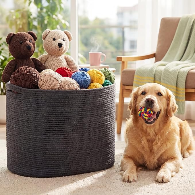 XXXXL 125L Extra Large Woven Blanket Basket, 25" x 18" x 17" Jumbo Cotton Rope Storage Basket with Handles Toy Storage Bins for Laundry Hamper Nursery Organizer Living Room Home(Dark Gray) - Image 6