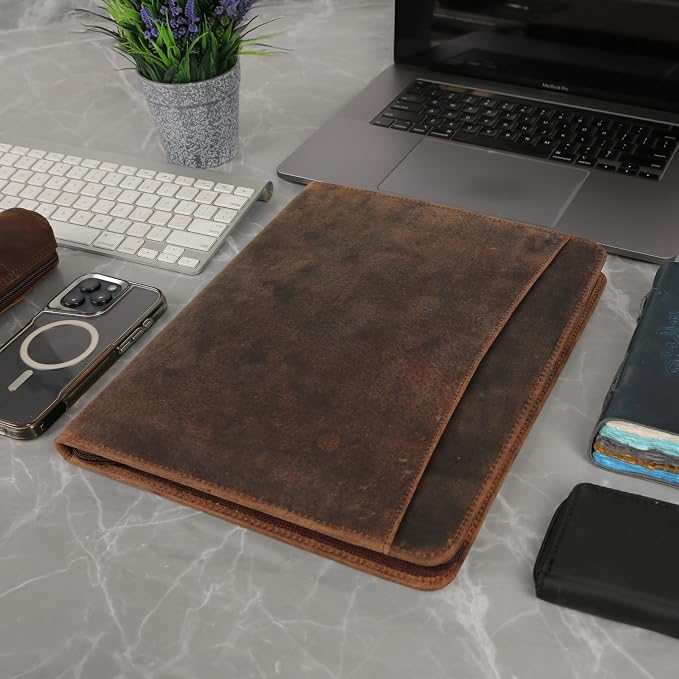 KomalC Leather Portfolio with Zipper Closure | Business Padfolio for Documents, Tablets & Accessories | Vintage Full-Grain Leather Organizer for Professionals - Image 8