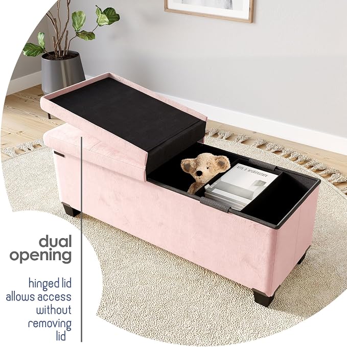 Storage Ottoman Bench with Bins, 43-in Storage Bench for Bedroom End of Bed, Folding Foot Rest Ottoman for Living Room Max 660lbs, Velvet Ottomans, Pink - Image 9