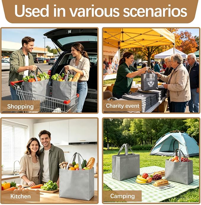 Reusable Grocery Bags 12.6 * 6.3 * 11.8 in - Non Woven Totes Bag with Reinforced Handles, Shopping Bags Bulk - Image 7