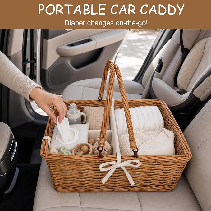 Wicker Diaper Caddy Organizer, Woven Rattan Diaper Caddy Basket with Removable Divider for Changing Table, Portable Car Organizer for Diapers Storage, Baby Shower Gifts - Image 7
