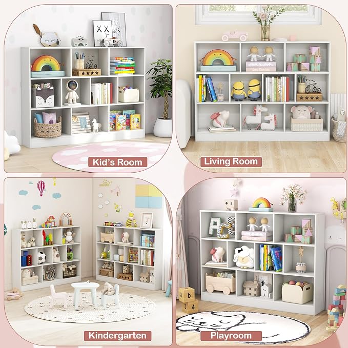 HONEY JOY Kids Toy Storage Organizer, 10-Section Wooden Floor Storage Cabinet, 41” Daycare Toy Chest, 3-Tier Kids Display Bookshelf for Classroom, Playroom & Nursery, Kindergarten (White) - Image 7
