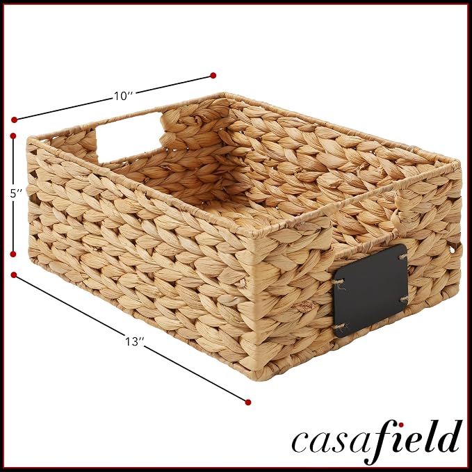 Casafield Set of 4 Water Hyacinth Pantry Baskets, 10" x 13" x 5", with Chalkboard Labels and Chalk Marker - Natural, Woven Storage Bin Organizers for Kitchen Shelves - Image 7