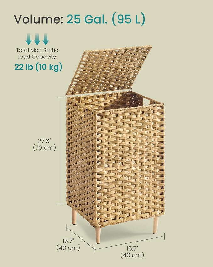 SONGMICS Laundry Hamper with Lid, 25 Gal (95L) PE Rattan Laundry Basket with Removable Washable Liners, for Bedroom & Living Room, Goose Yellow ULCB221YE01 - Image 7