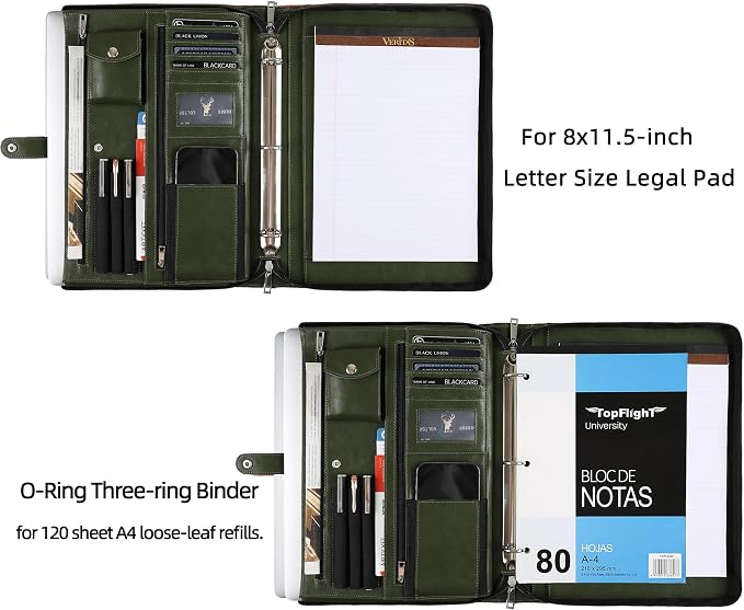 Green Leather Padfolio for Women/Men, Business 3 Ring Portfolio Binder, Personalized Zippered Organizer for A4 Notepad & 13-inch Laptop/Tablet - Image 7