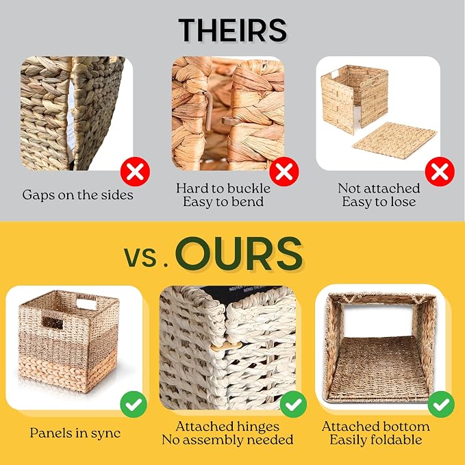 11x11 Wicker Storage Cubes Storage Baskets For Shelves Set 4 | 10.5 x 10.5 Water Hyacinth Storage Baskets Woven With Seagrass, Palm Leaf. Foldable Square Baskets With Carry Handles - Image 6