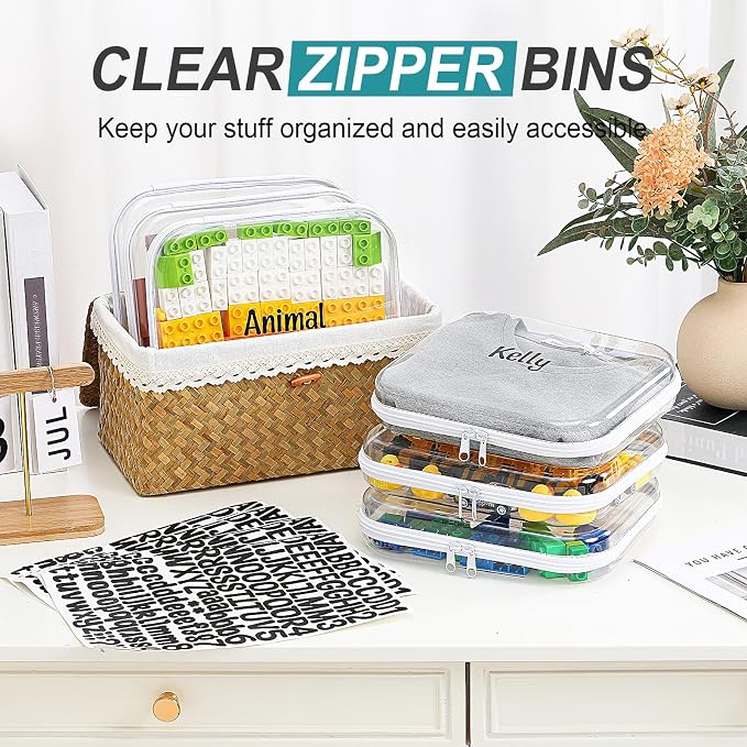 12 Pcs Clear Hard Zipper Case Back to School,9.84 x 7.87 x 2” | Plastic Zipper Pouch with 5 Sheets Alphabet Stickers Toy Storage Organizer Makeup Case for Travel Building Blocks Puzzles - Image 6
