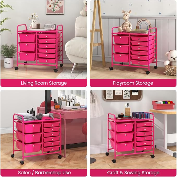 Giantex 9 Drawers Rolling Cart, Classroom Organizers, Storage Cart with Wheels, for Teacher Office Home School Supplies Tool Craft Art Paper, Hot Pink - Image 9