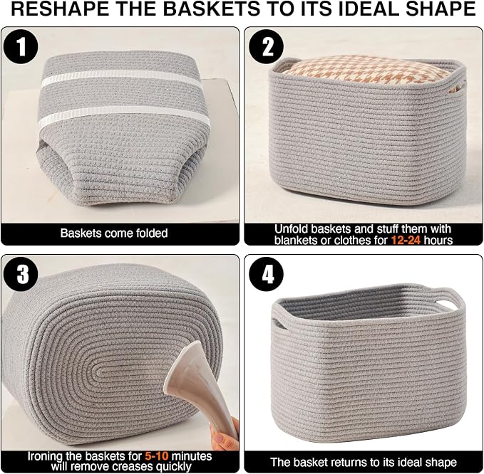 ICERZCZ Storage Baskets for Organizing Shelves, Woven Cotton Rope Bins for Baby Nursery Organization, Book Toy Towel Organizer, 15"x11"x9.5", 3 Packs, Grey - Image 7