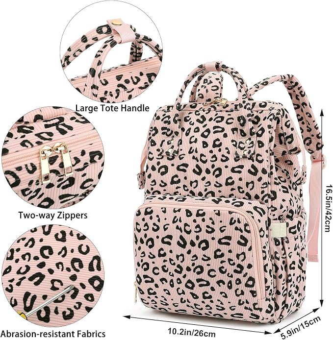 Corduroy Diaper Bag Backpack for Baby Girls Boys, Women Large Nappy Bags for Mom (Pink Corduroy Leopard) - Image 7