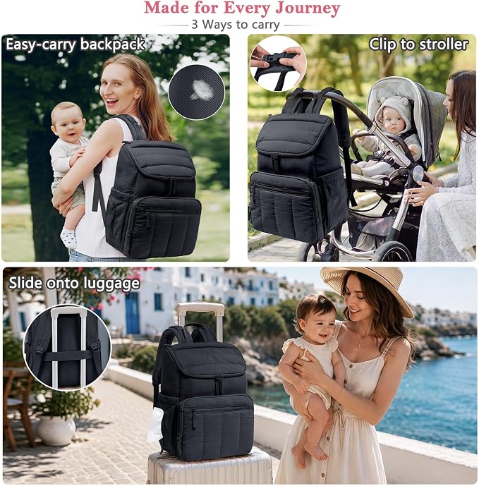 Puffy Diaper Bag Backpack for Mom, Lightweight Quilted Baby Bag with Waterproof Changing Pad, Large Travel Diaper Backpack with Insulated Bottle Pockets, Wipes Pocket, Stroller Straps - Image 7