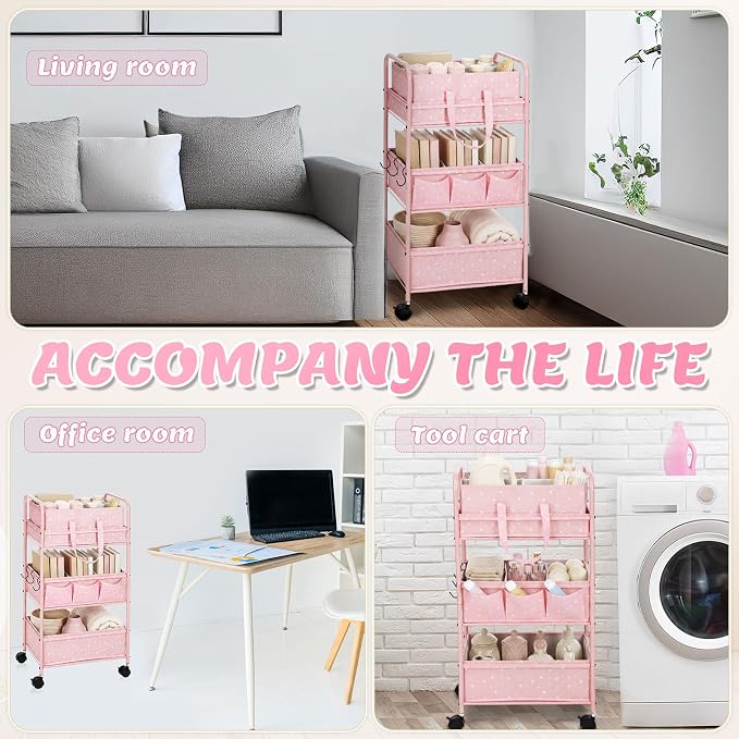 Yookeer 2in1 Baby Diaper Caddy Organizer Cart 3 Tier Large Capacity Metal Utility Bedside Rolling Cart with Divider Newborn Registry Gift Nursery Essential Must Have Bedroom Baby Shower(Pink,Star) - Image 6