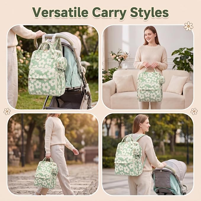 Baby Diaper Bag Backpacks for Mom Dad, Corduroy Large Capacity Multifunction Nappy Bag with Pacifier Case, Baby Travel Essentials Diaper Backpack for Boys Girls - Large Flowers Green - Image 8