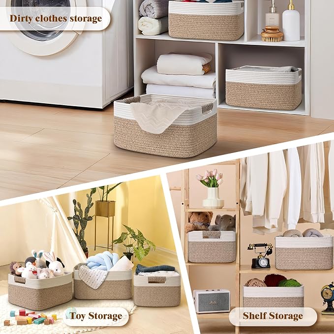 2 Pack Large Storage Basket for Organizing, 17.5"x13"x7" Woven Basket for Shelves, Closet Cube Storage Bins with Wrapped Handle, Cotton Rope Baskets for Kitchen, Clothes, Toys(Off White & Brown) - Image 9