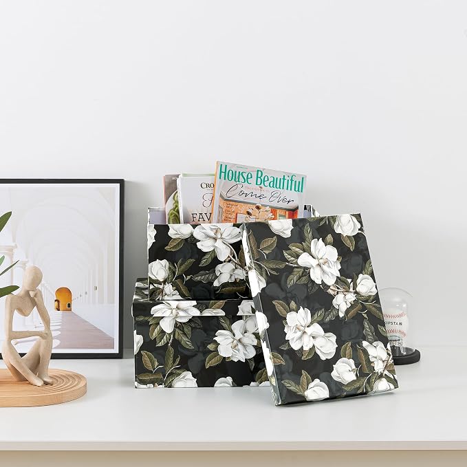 Soul & Lane - Midnight Gardenia Decorative Boxes with Lids, Set of 3, Black | Large Nesting Paperboard Storage Boxes for Keepsakes, Photos and Gifts, Dramatic Dark Green Floral Design Containers - Image 6