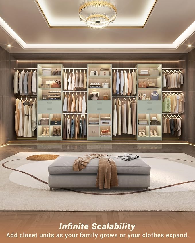 Small Closet System, 3.2-6.8FT Small Closet Organizer with 2 Wooden Drawers & 5 Hanging Rods, Can Fit 37.5 to 81.9 inch Walk-in Closet System, Built-in, Crab Green, Enclosed Storage Volume 2.32 ft³ - Image 8