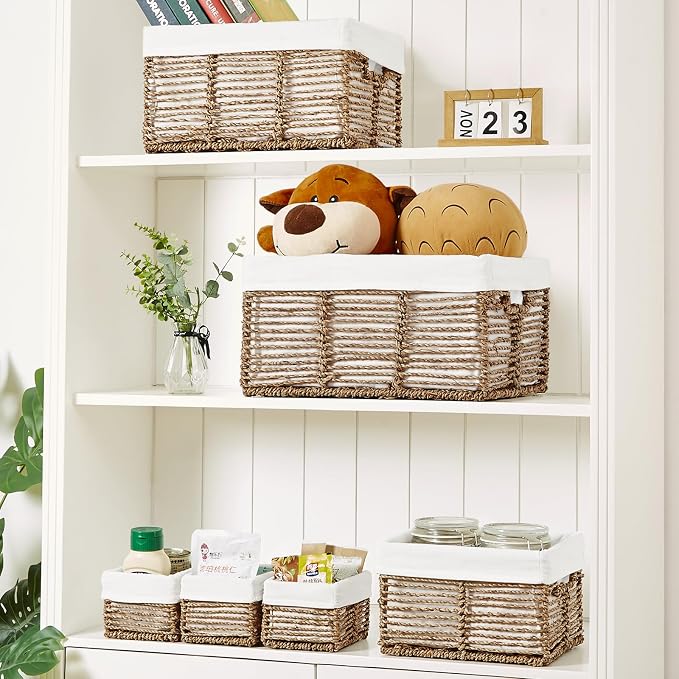 Wicker Storage Basket, 6 Pack Seagrass Baskets for Organizing, Wicker Baskets with Handle, Rectangular Woven Basket for Storage Shelves, Cube Storage Bins for Closet/Clothes/Dresser - Image 7