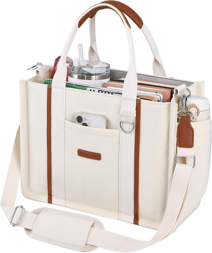 BESBESME Women’s Canvas Tote Bag with Zipper and Compartments – Multi-Pocket Laptop Work Crossbody Shoulder Tote Purse - Image 8