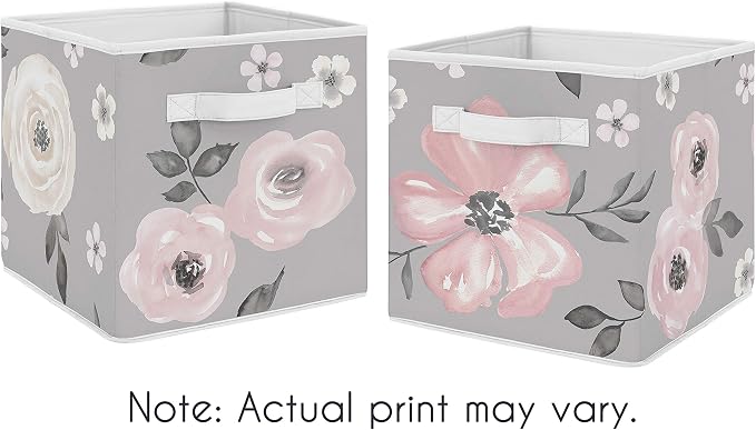 Sweet Jojo Designs Grey Watercolor Floral Foldable Fabric Storage Cube Bins Boxes Organizer Toys Kids Baby Childrens - Set of 2 - Blush Pink Gray and White Shabby Chic Rose Flower Farmhouse - Image 4
